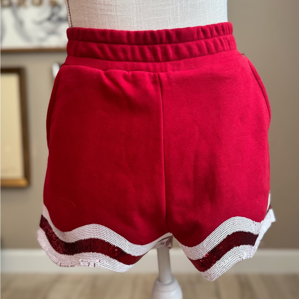 QUEEN OF SPARKLES Red and White Wavy Sequin Shorts